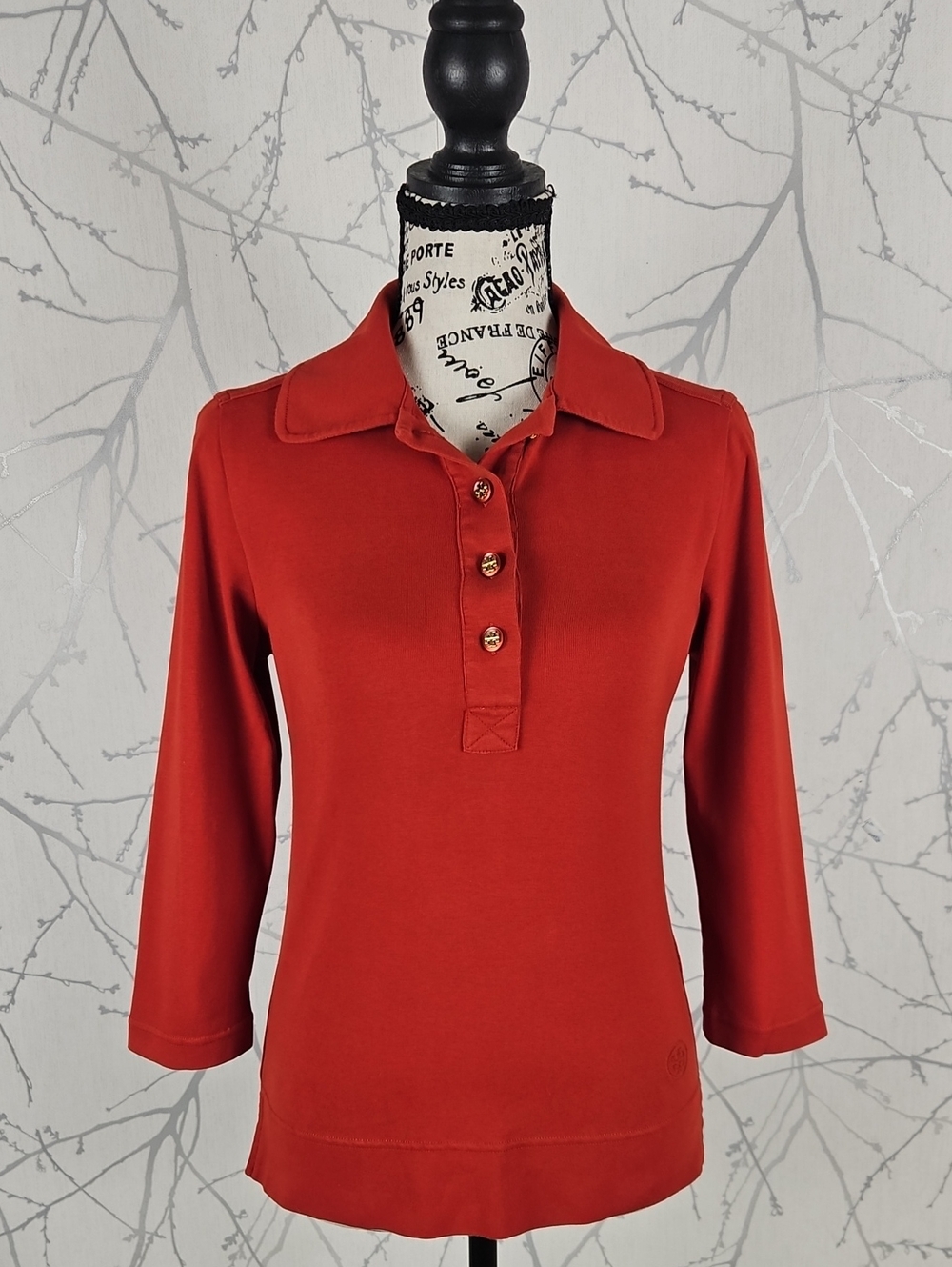 Tory Burch Cotton Jersey Logo Button 3/4 Length Sleeve Polo